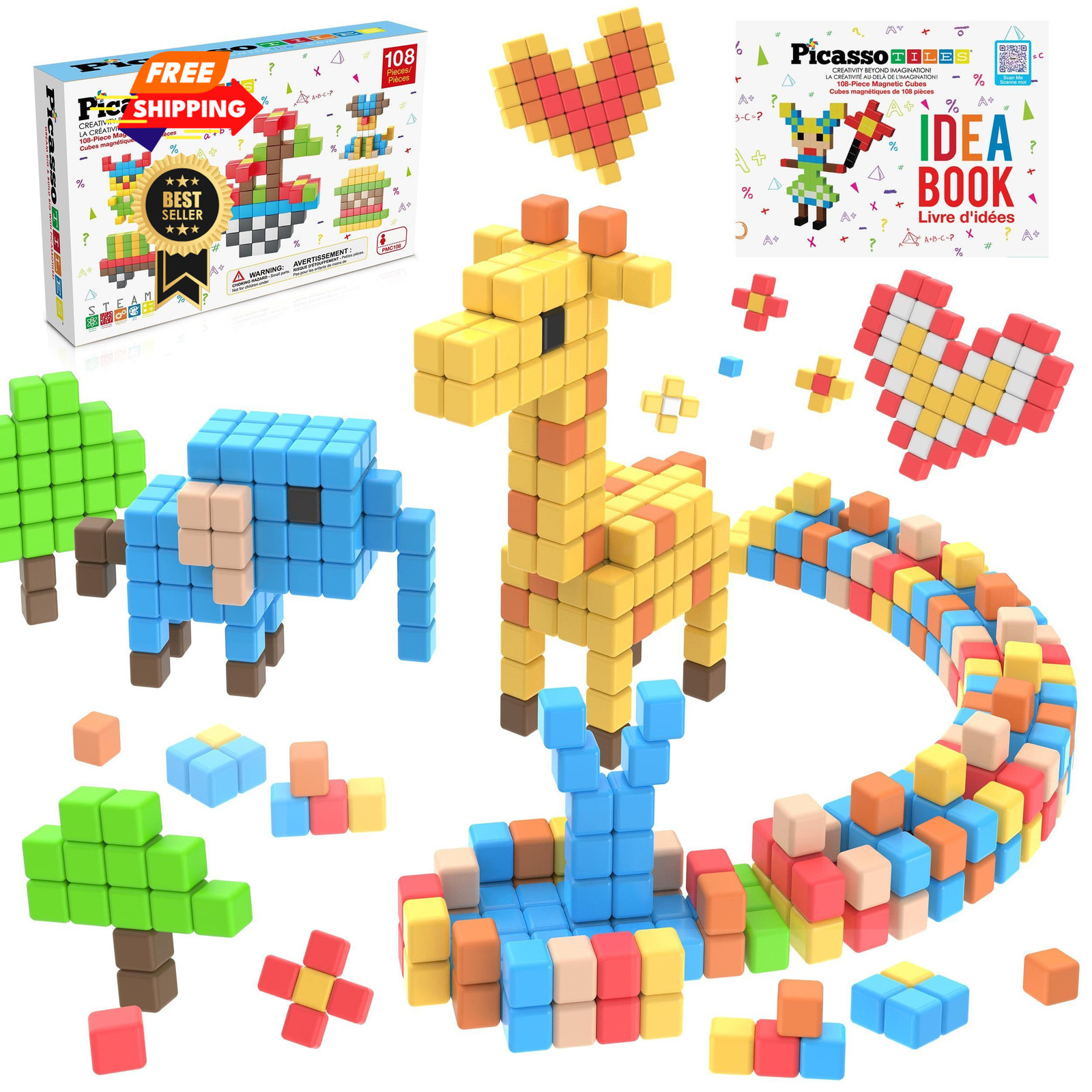 PicassoTiles 108pcs 1” Magnetic Puzzle Cubes Magnet Toys Preschool Large