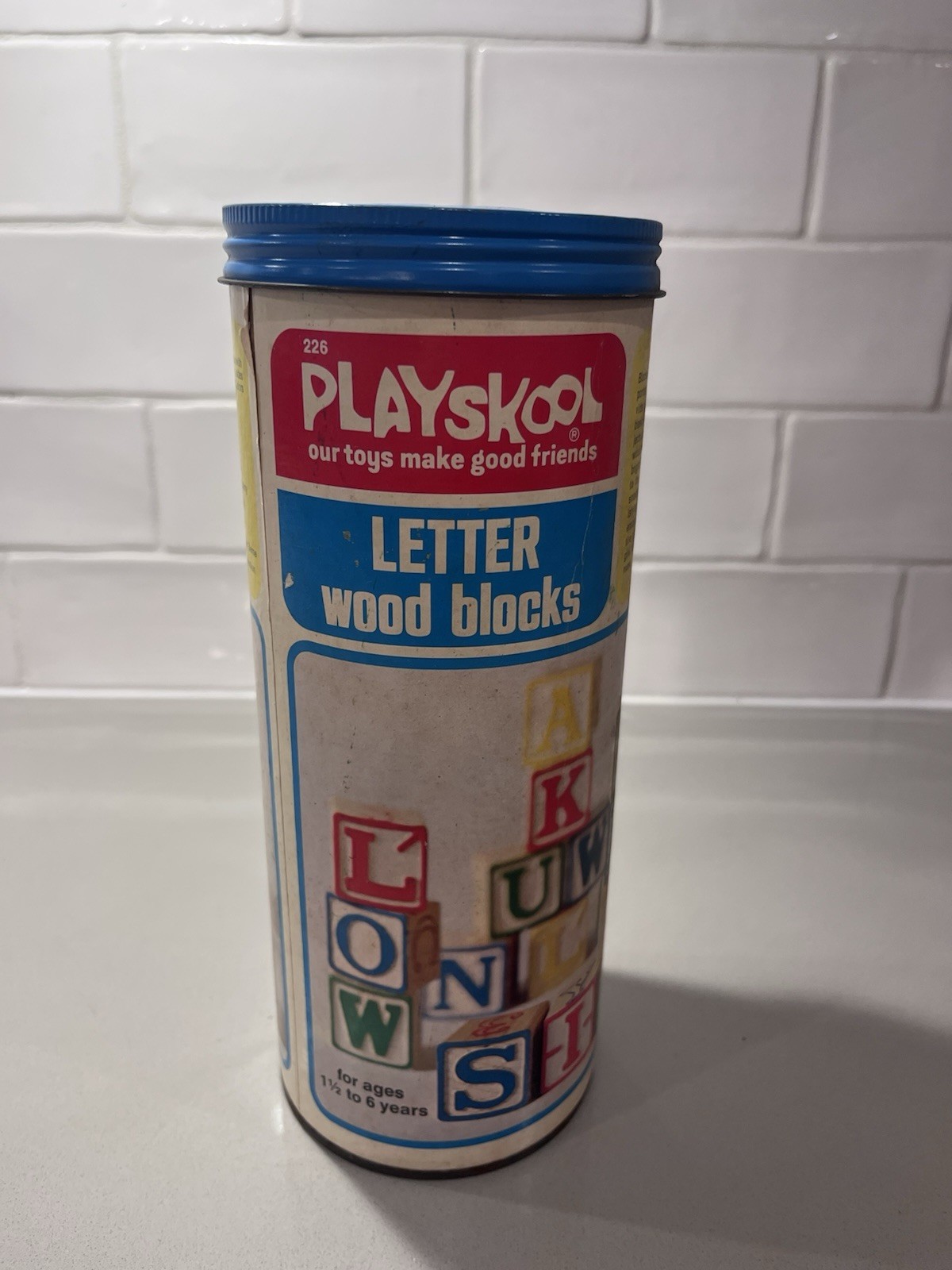 Playskool Letter Wood Blocks Set in Original Canister Blue Lid MPN 226