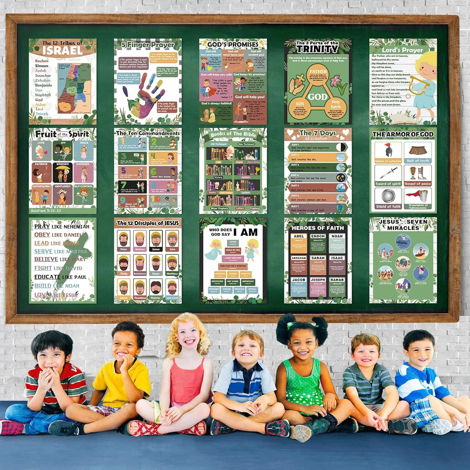 15Pcs Bible Posters for Classroom Sunday School Wall Decor Greenery Christian Bo