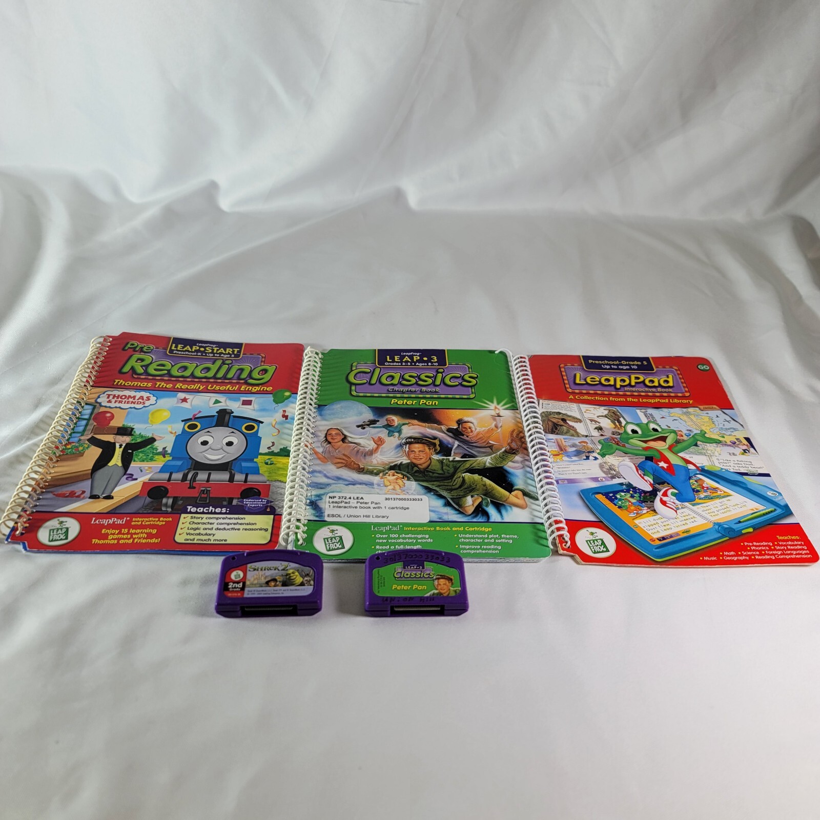 Lot Of LeapPad Books (3) And Two Cartridges (Shrek / Peter Pan)