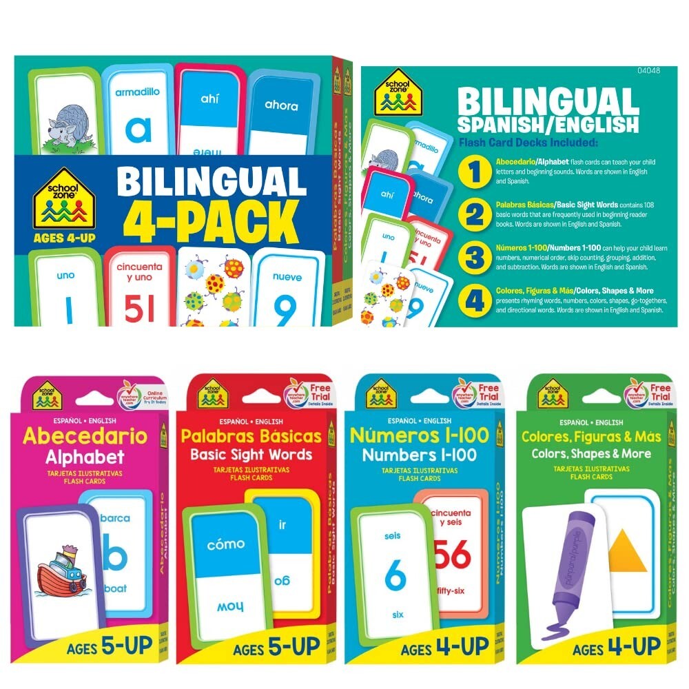 Spanish English Flash Cards Bilingual Vocabulary Phrases Numbers for Kids 4 Pack