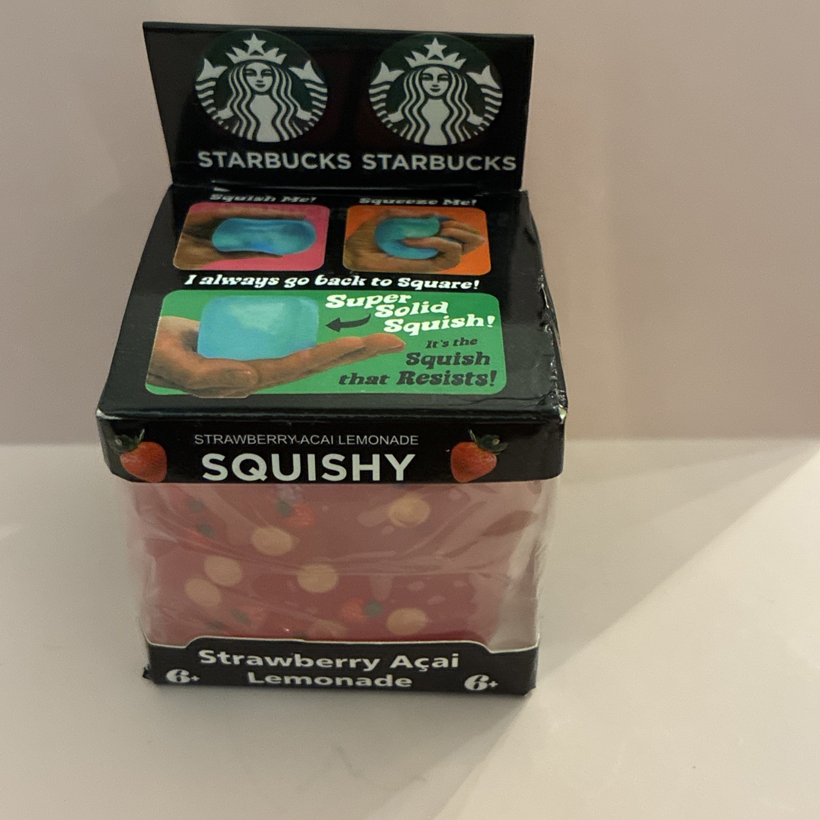 Starbucks Strawberry Acai Lemonade Squishy Squeeze Cube Toy w/ Fruit Inside USA