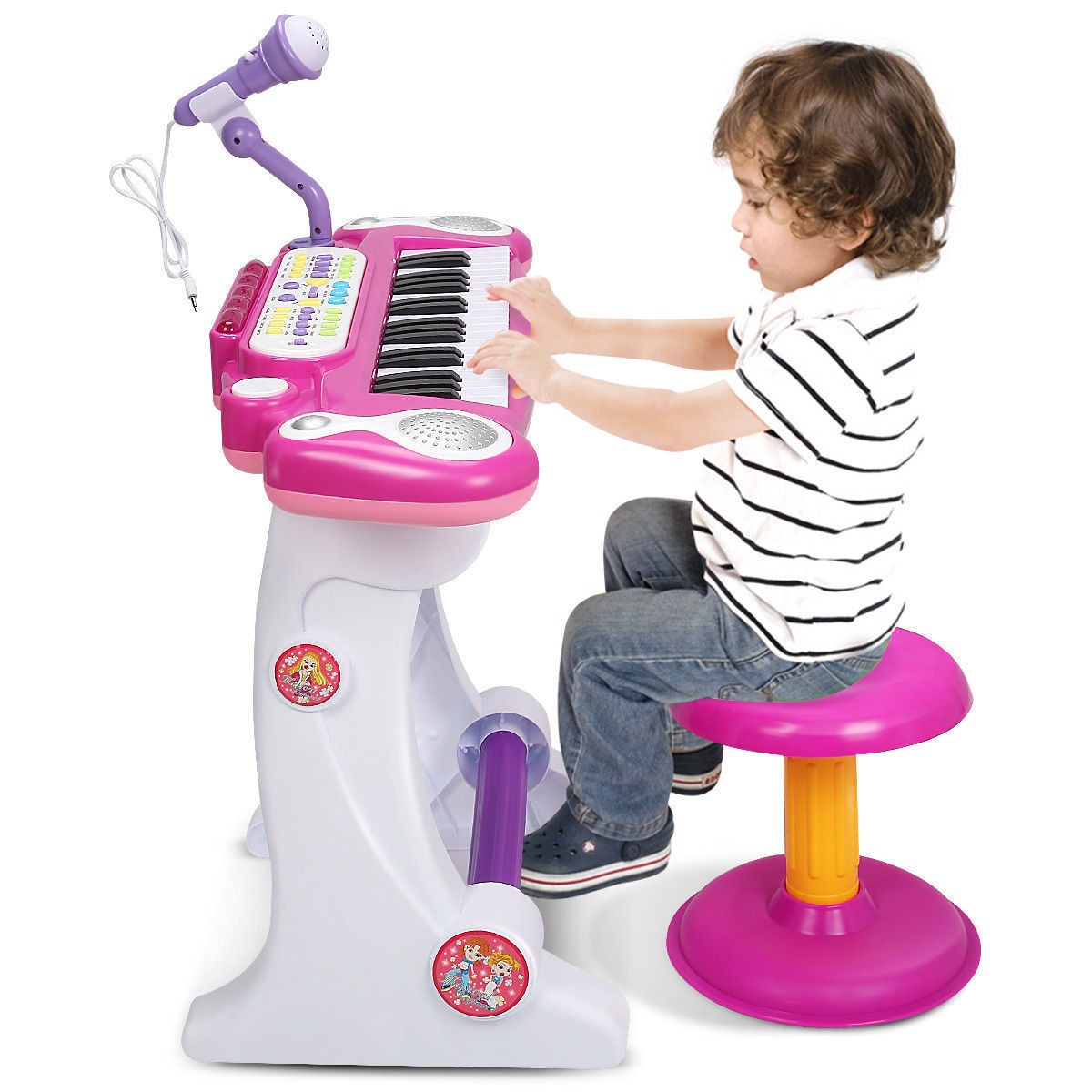 NEW Kids Electronic Keyboard 37 Key Piano Musical Toy w/ Microphone & Stool Pink