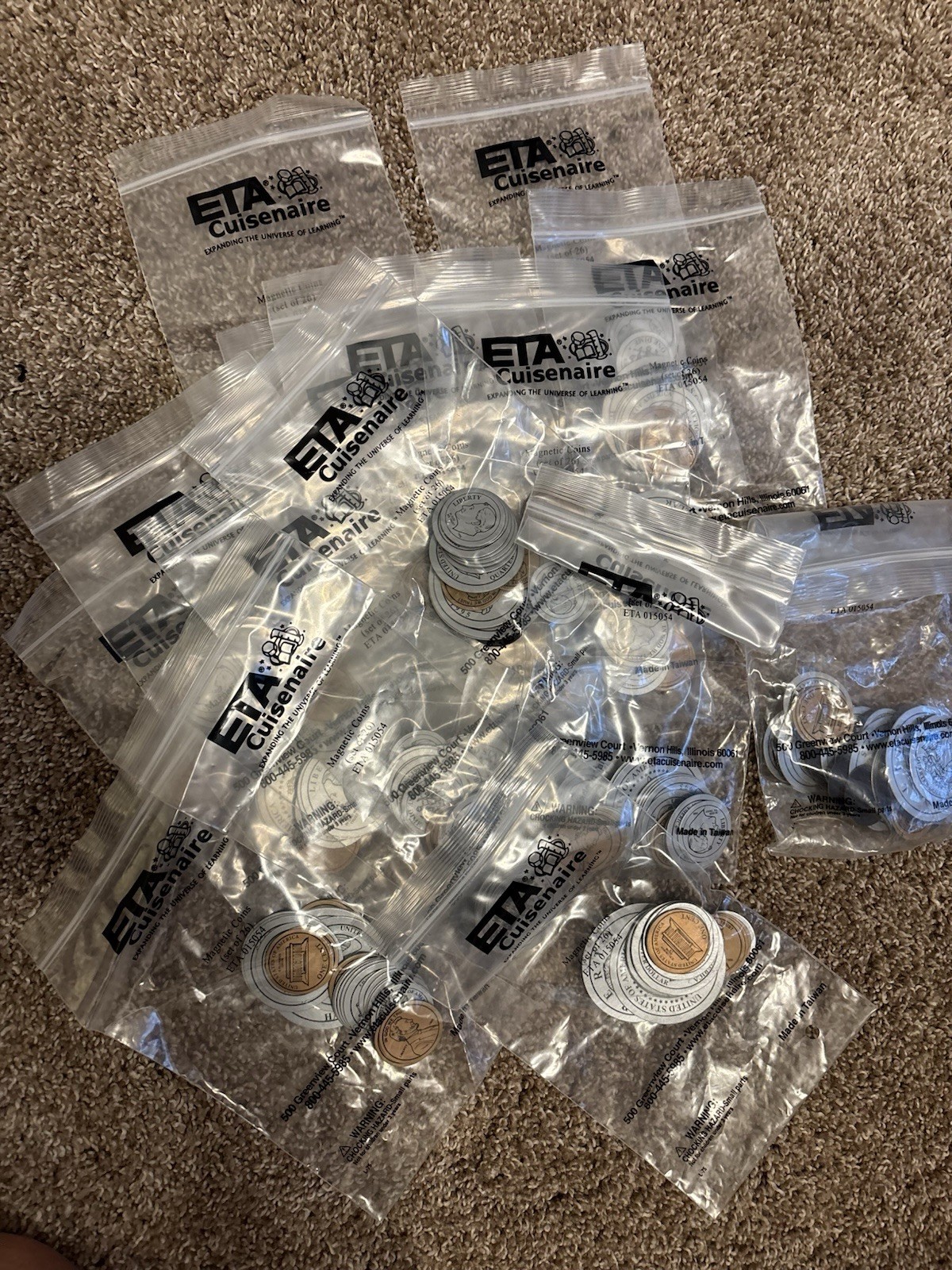 16 sets of individual bags of Quarters, dimes, nickels and pennies for learning