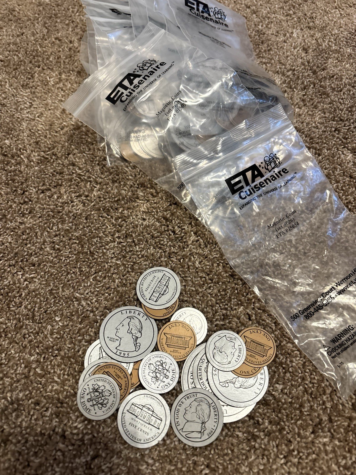 16 sets of individual bags of Quarters, dimes, nickels and pennies for learning