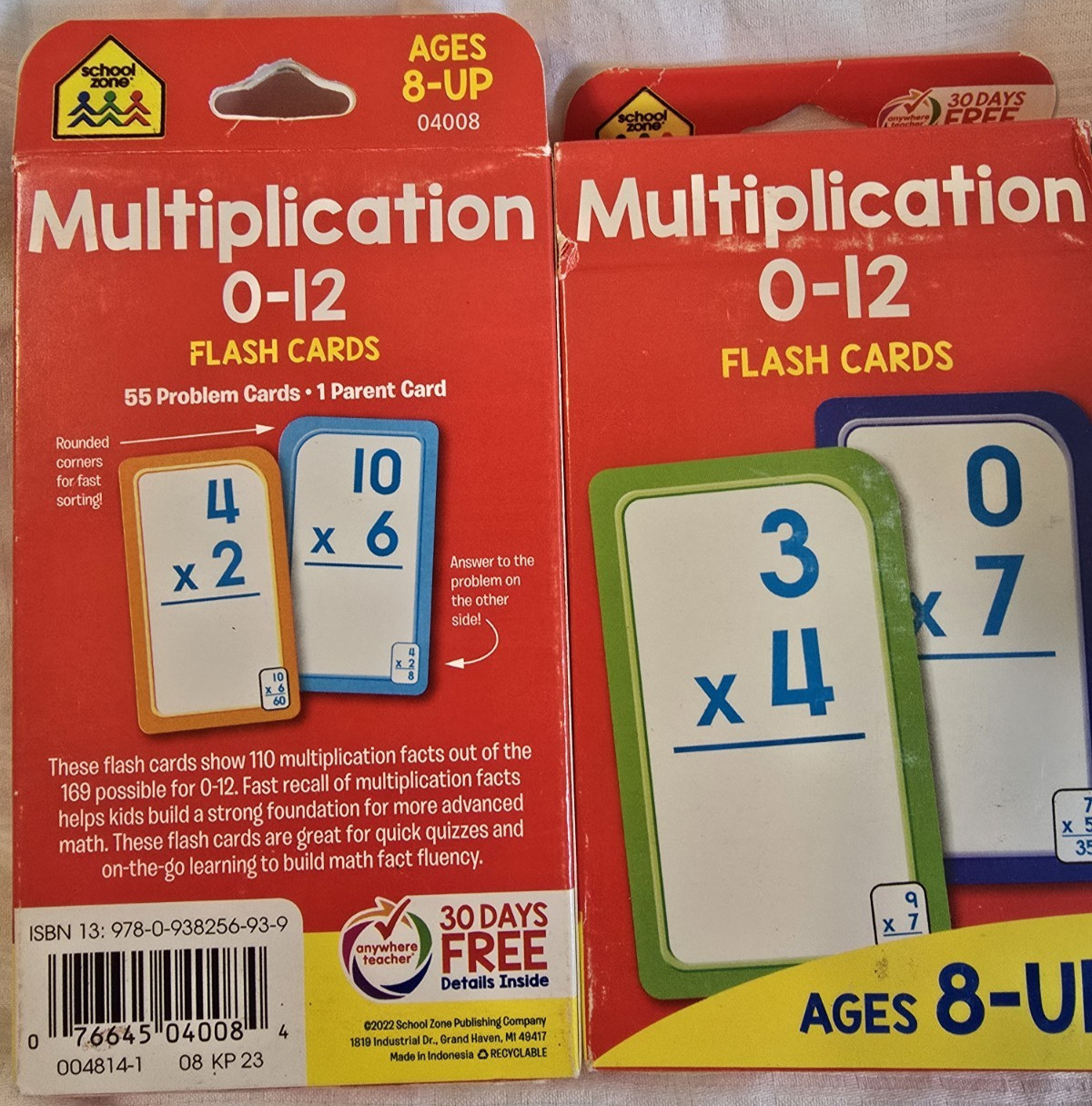 2 Boxes of School Zone Brand Multiplication Packs Ages 8 and UP