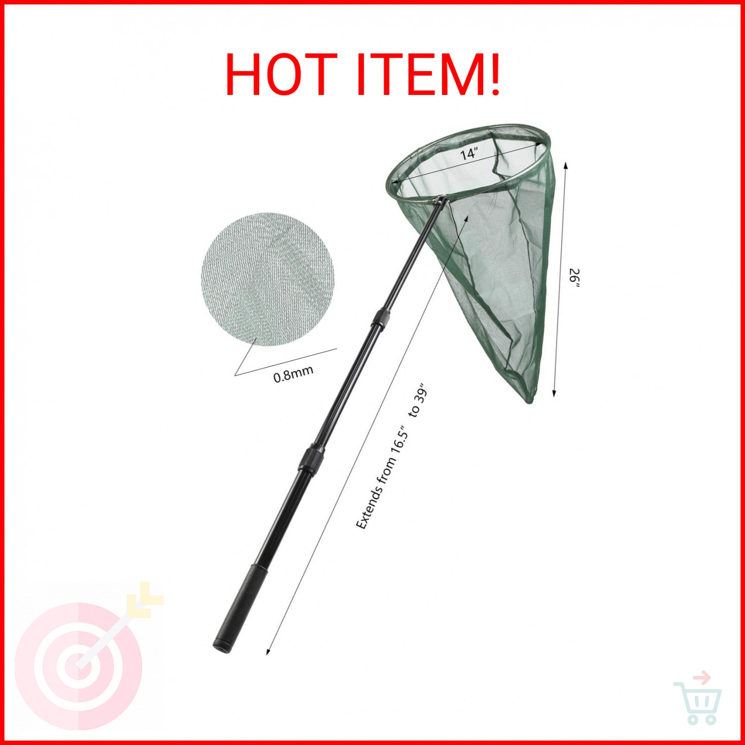 RESTCLOUD Professional Insect and Butterfly Net with 14″ Stainless Ring, 26″ Net