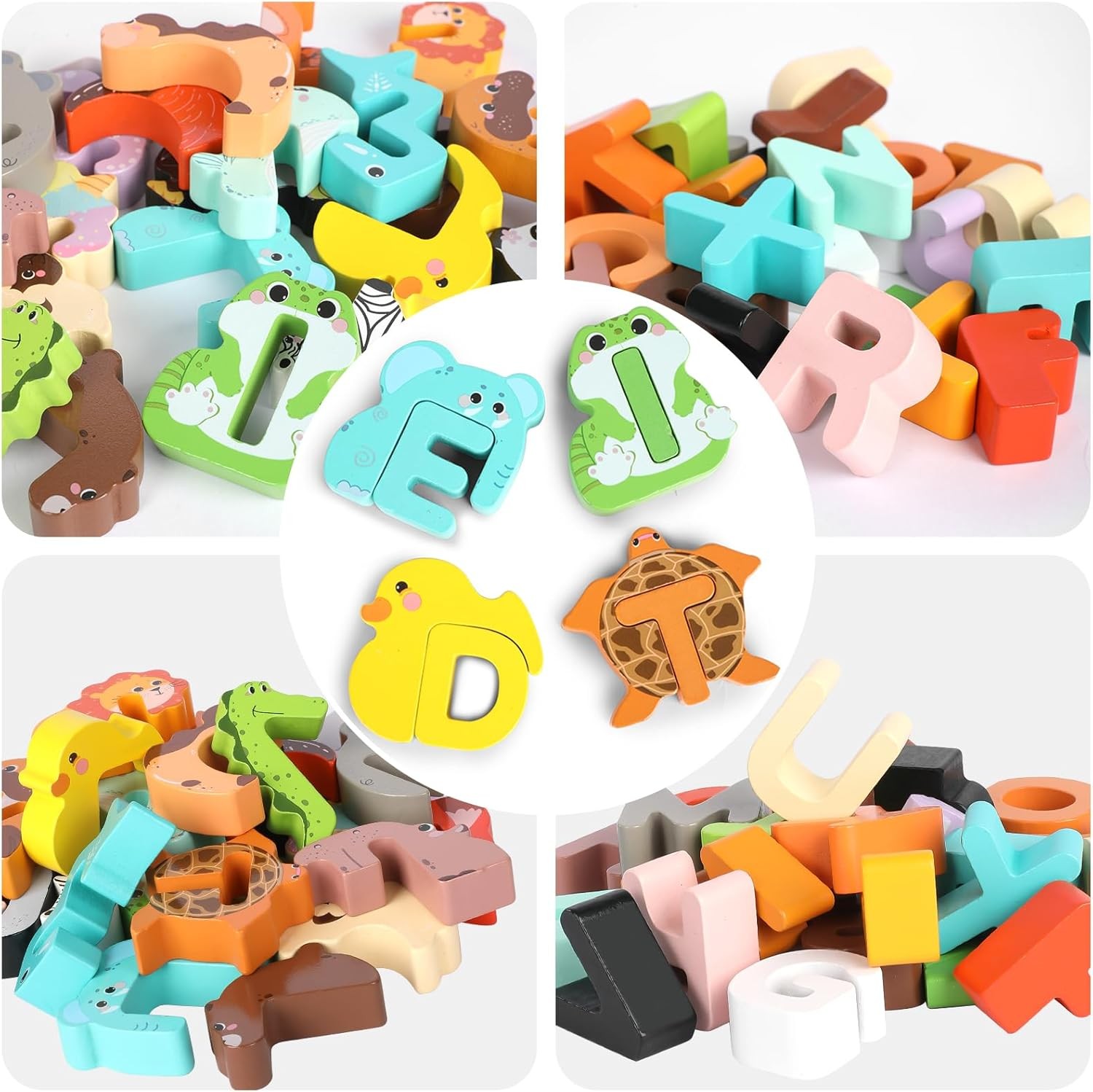 52PC Matching Game, Wooden Alphabet Animal Puzzles ABC Peg Puzzles f/Age 3+ Kids