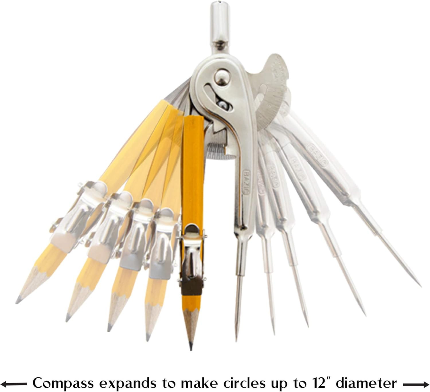 Geometry Math Compass Set W/Scale-Arm, Nickel Plated Metal Ball & HB Wood Pencil