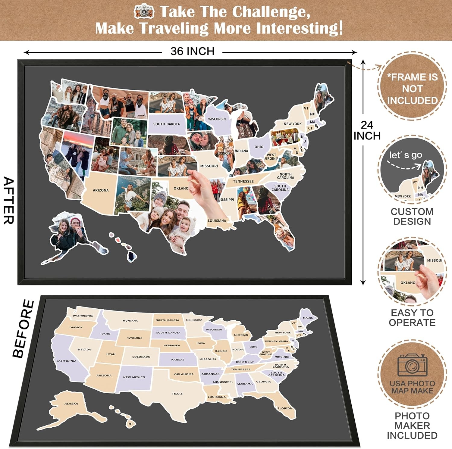 USA Photo Map 24×36 50 States Travel Map US Wall Decor Couples Gift Unframed
