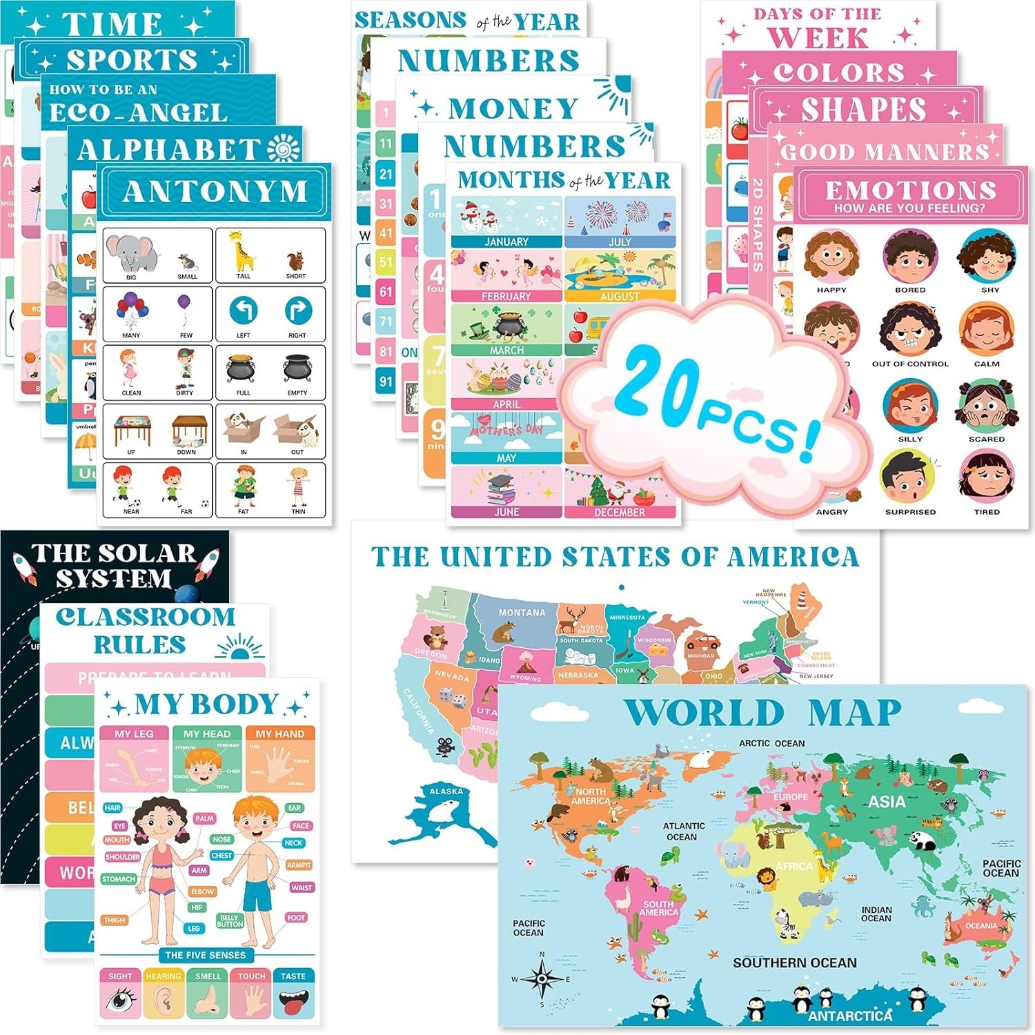 20 Vibrant Laminated Educational Posters for Toddlers 1-3 – Interactive Learning
