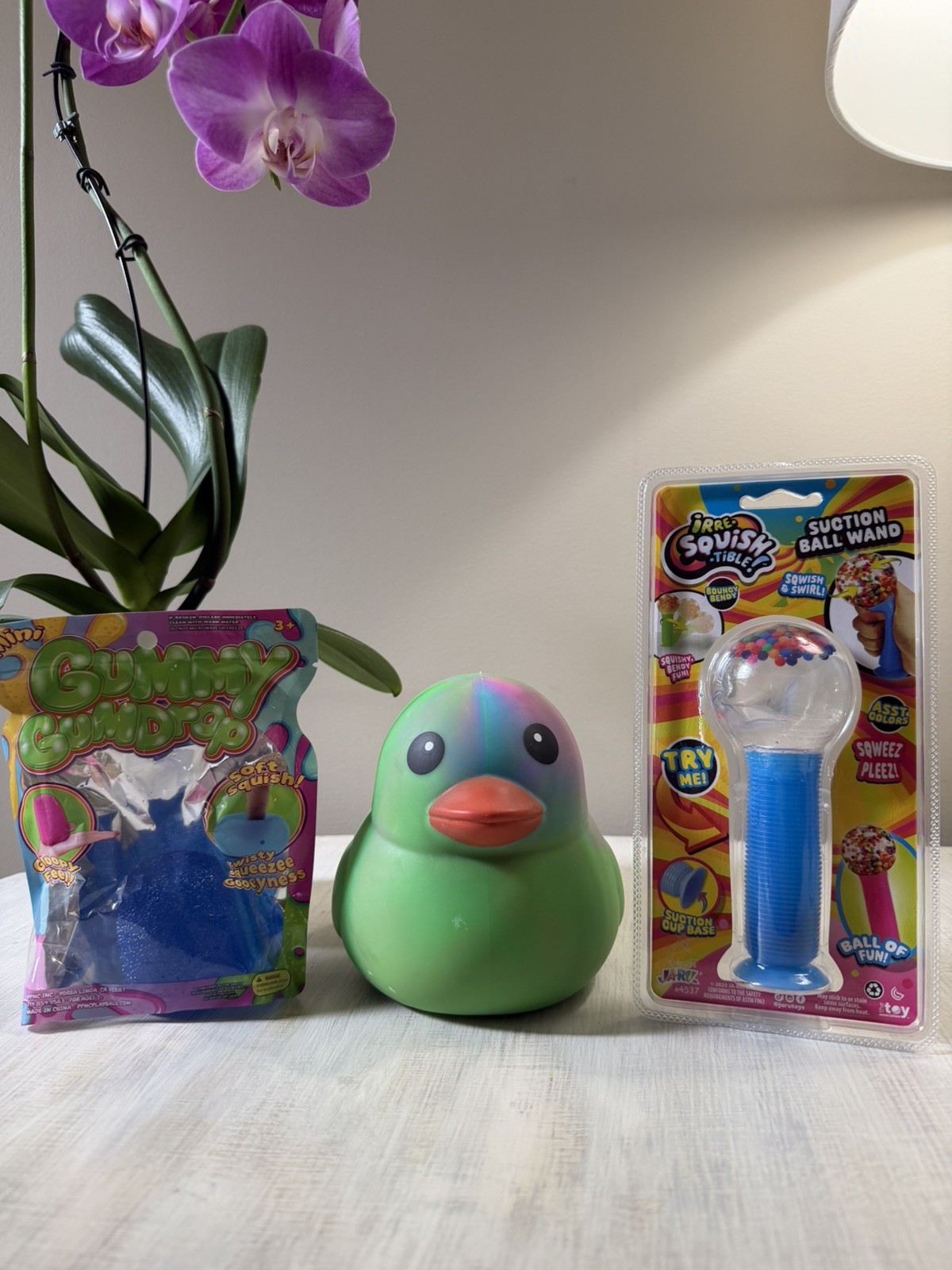 Lot of 3 Squishy items! Tie Dye Duck, Gummy Gum Drop & Squishy Ball Wand🔥