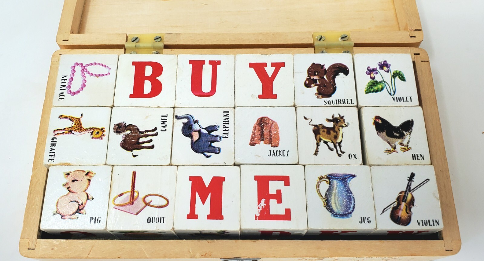 Picture Cubes for Words Spelling Complete Set 1960’s Wooden Box Animals Vintage
