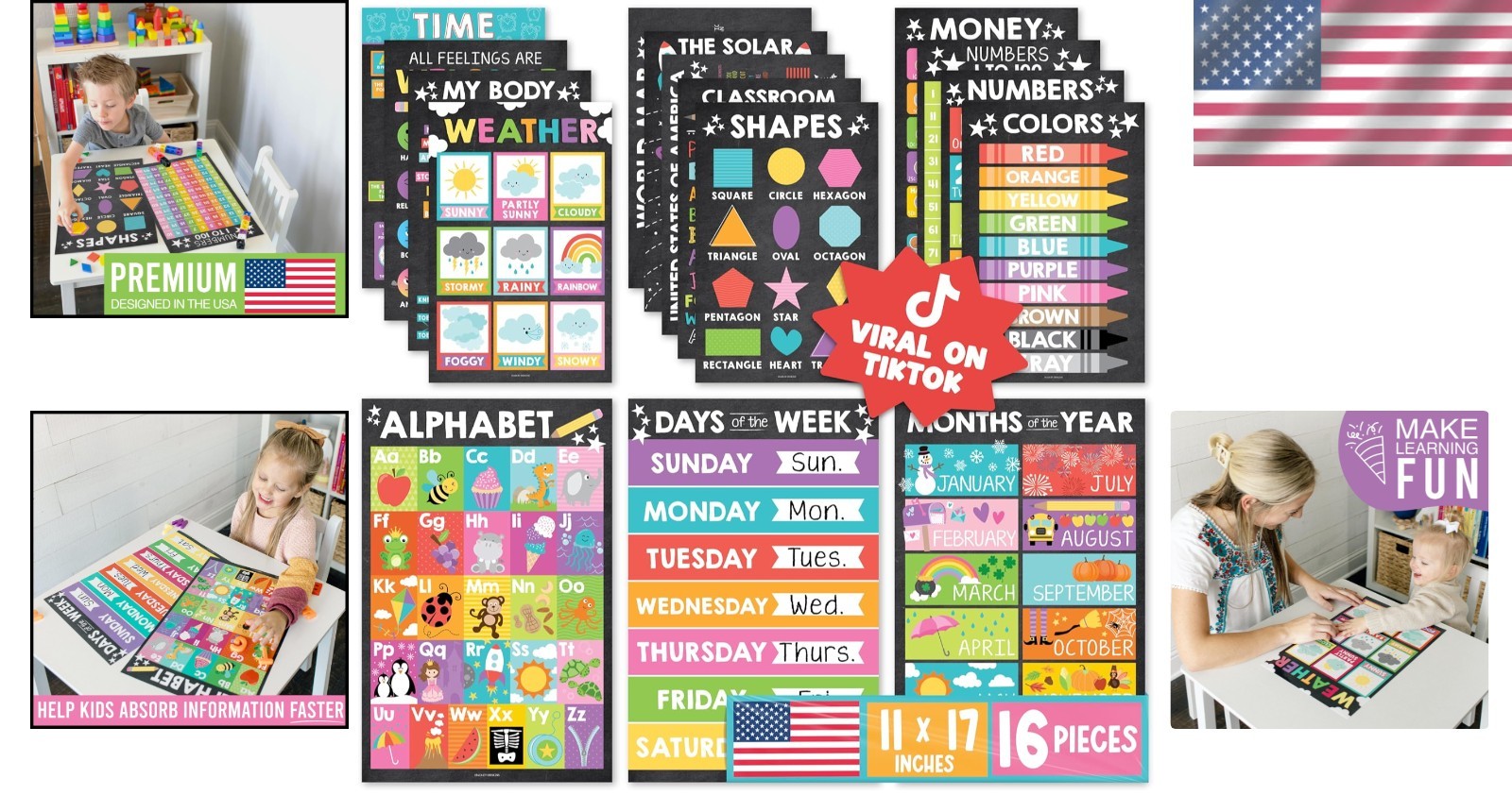 Toddler Educational Posters Set – Alphabet, Shapes, Numbers