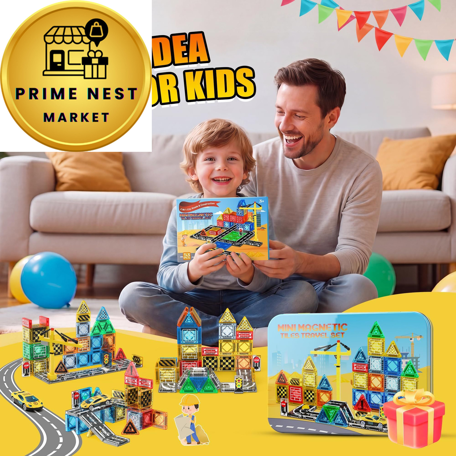 Magnetic Tiles – Construction Toys, 53pcs, Red, Blue, Yellow, Green, Etc.