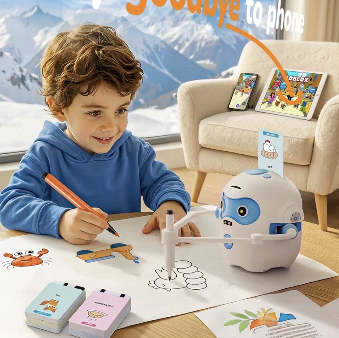 QIBOX Kids Drawing Robot Electronic Learning Toy Set w/ Cards & Markers 3+