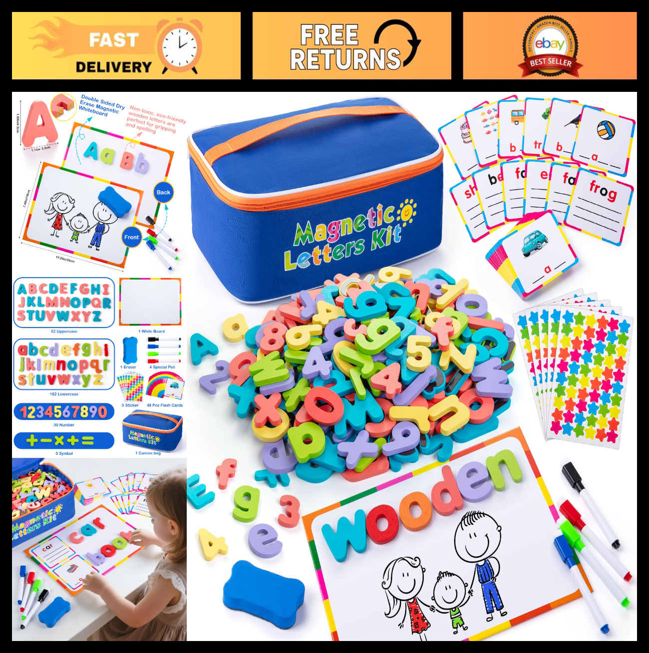 Magnetic Alphabet Letters Set – 310 Pcs with Board & Organizer Bag, Educational