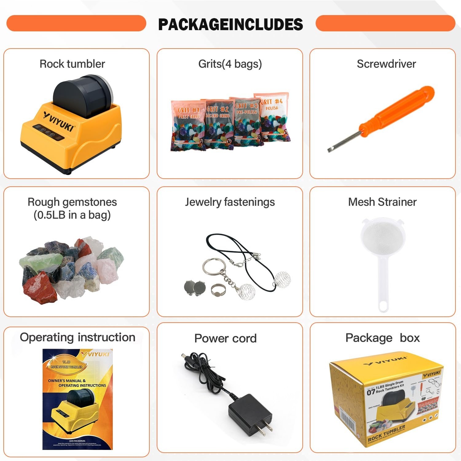 Rock Tumbler Kit Includes Rough Gemstones, 4 Polishing Grits, Jewelry Fasteni…
