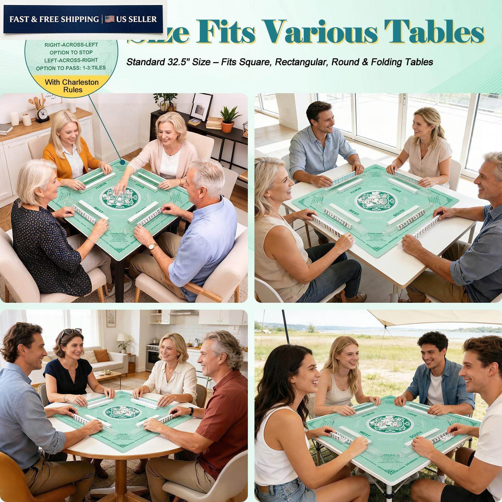 Mahjong Mat with Rules, 32.5″x32.5″ Water 32.5″ x x 0.11″, Green