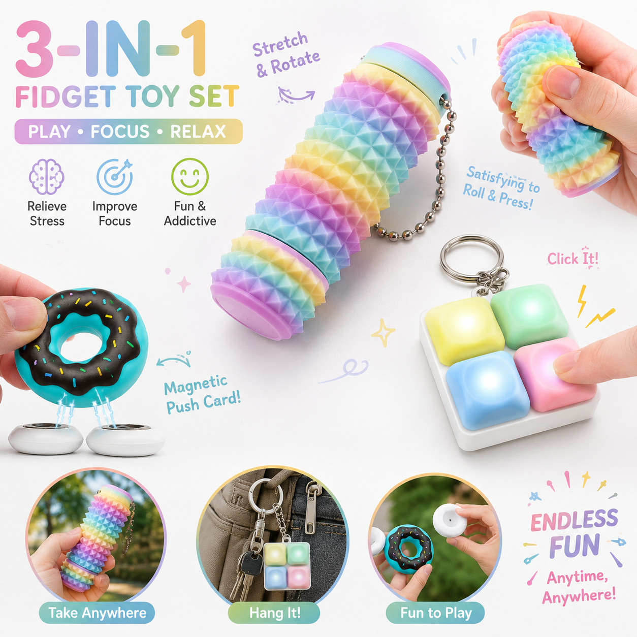 3Pcs Fidget Toys Pain Stimming 4 Button Clicker Keyboard Donut Magnetic Slider