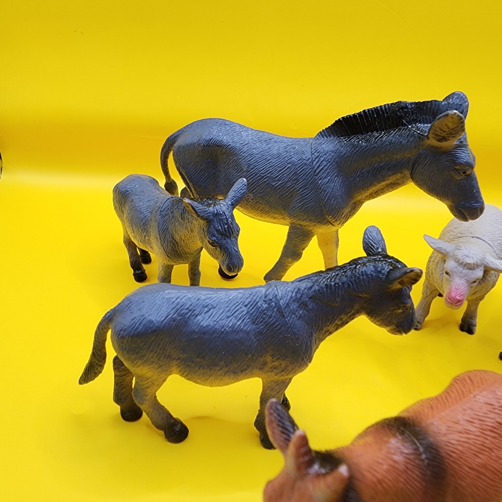 9 Toy Animals 3-5″ Mixed Lot Cows Donkeys Sheep Goats Elk