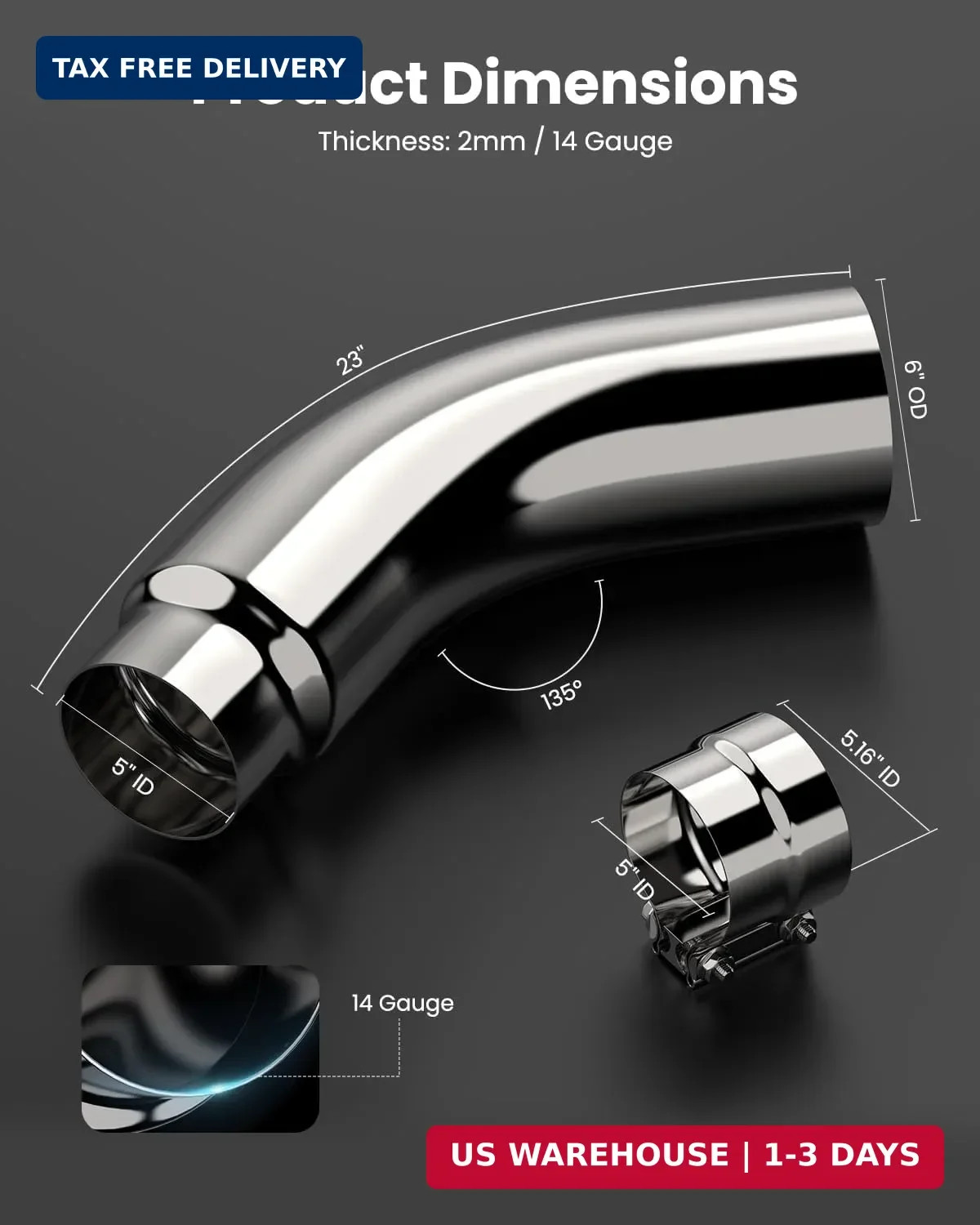 JY PERFORMANCE 5 Inch ID Diesel Exhaust Tip Elbow Tip 5” Inlet 6” Outlet 23”