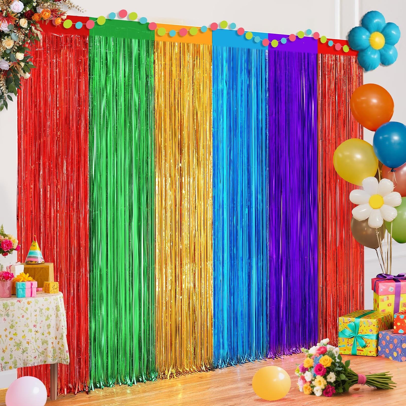 2 Pack Rainbow Foil Fringe Curtains, 3.3ft x 6.6ft Mexican Style Rainbow Stre…