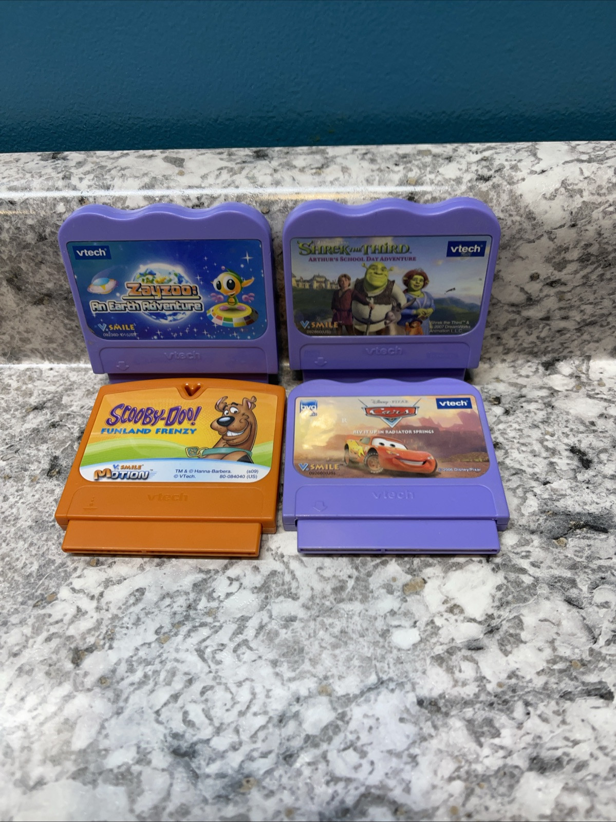 Vtech V.Smile Cars, Shrek, SCOOBY DOO &FUNLAND FRENZY Lot Of 4 Cartridges Only