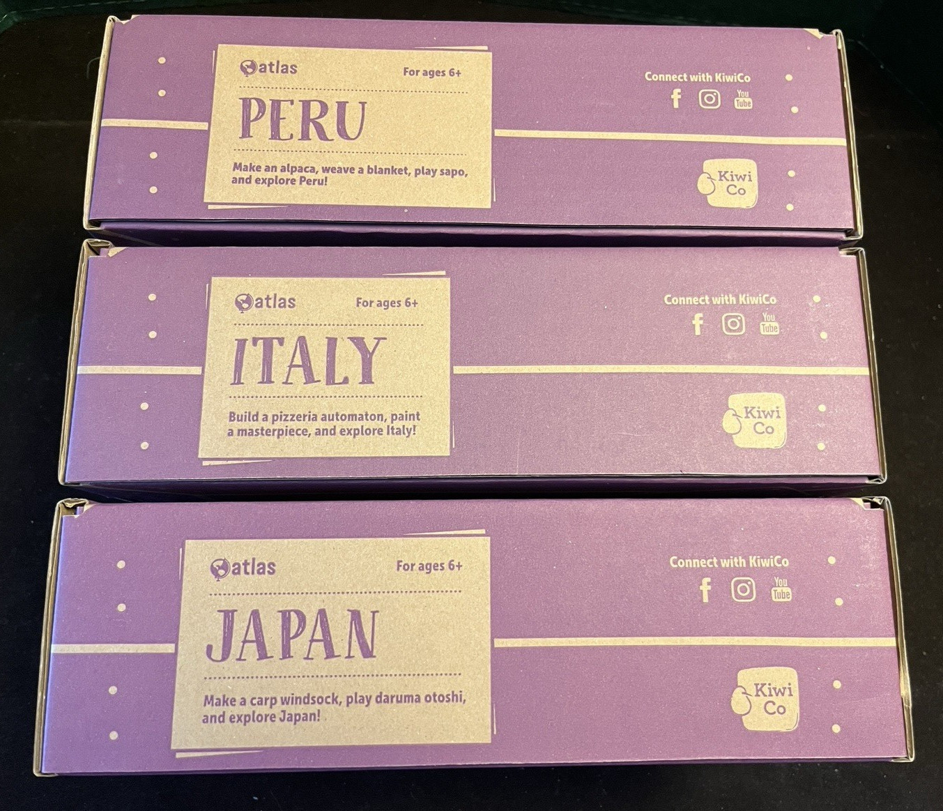 3 lot Kiwi Co Atlas Crate Kids Activity Kits NEW Open Box PERU ITALY JAPAN