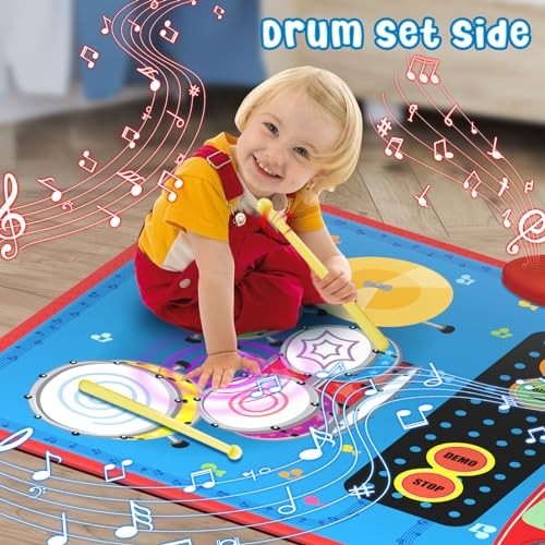 2-in-1 Musical Mat Toys for 1 2 3 4 5 Year Old, Piano Keyboard & Drum Set with 2