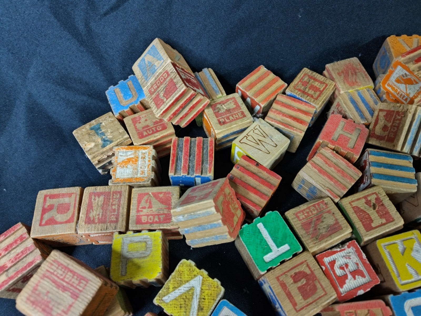 Vintage Wooden Alphabet Blocks Lot Antique ABC Number Animal Learning Toy Set