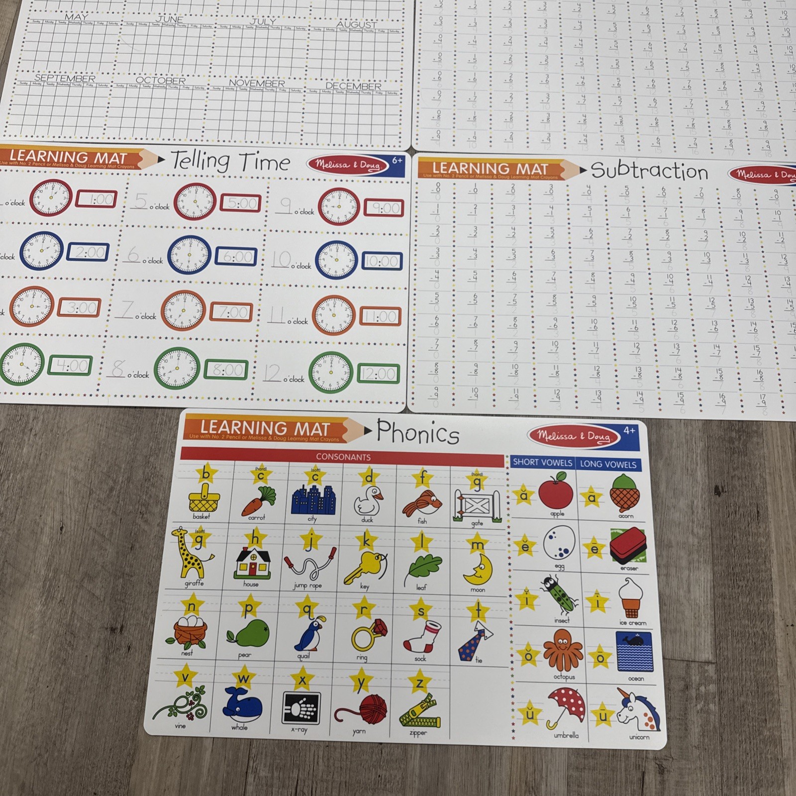 Melissa & Doug Double Sided Learning Mats Lot x5 Time, Phonics, Calendar, + & –