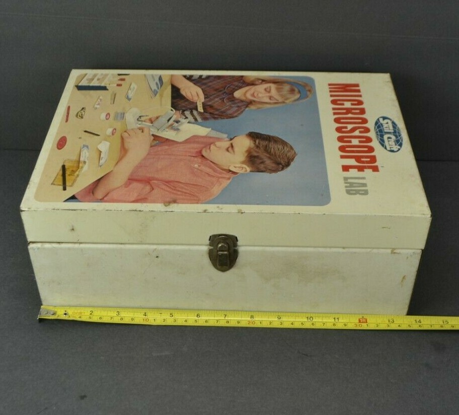 Vintage 1960s Skilcraft Microscope Lab Set Prop Metal Case PARTIAL Accessories