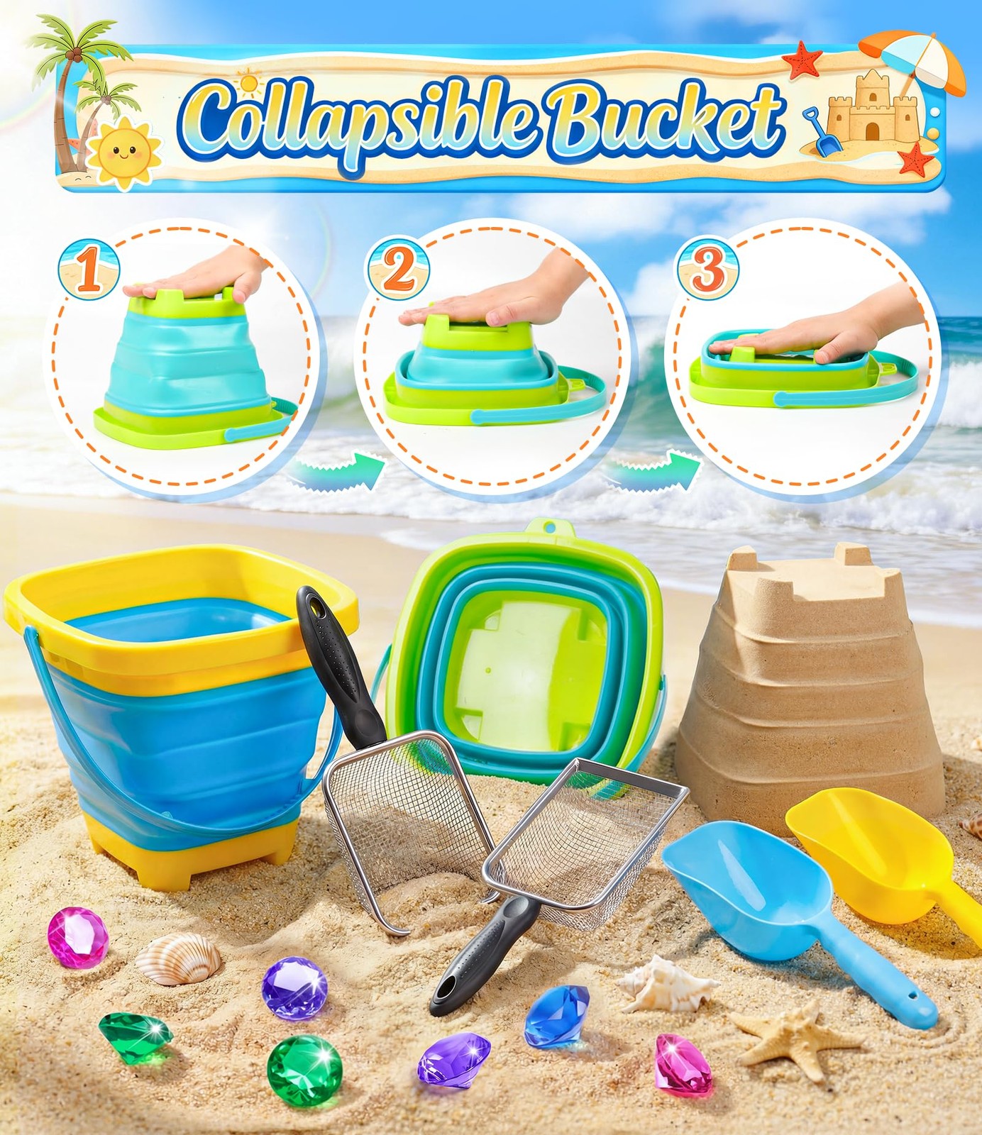 DISHIO Beach Toys for Kids, 24 Pcs Small to Medium, Green, Blue, Yellow, Teal