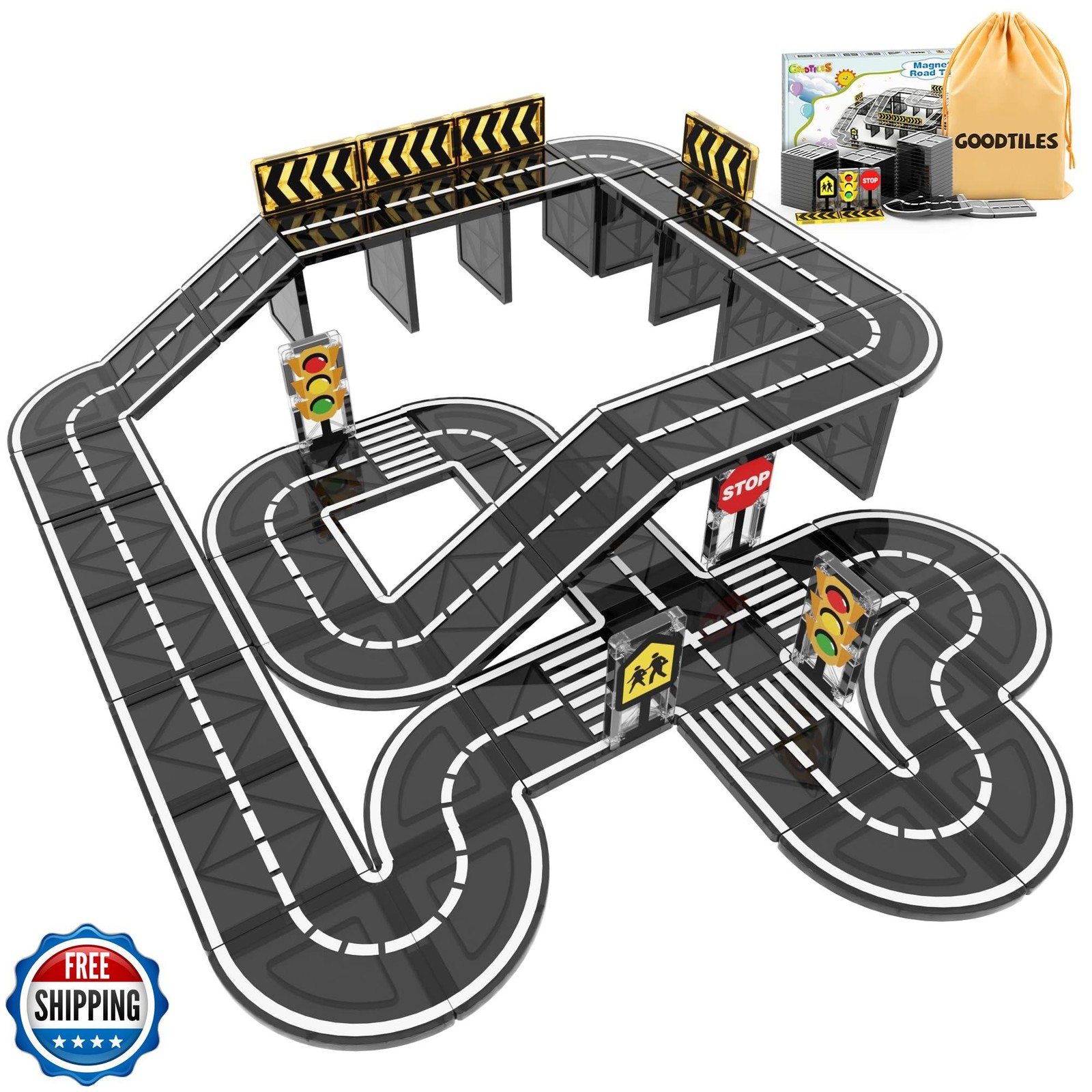 Goodtiles Magnetic Tiles Road Expansion Set, STEM Magnetic Building Blocks fo