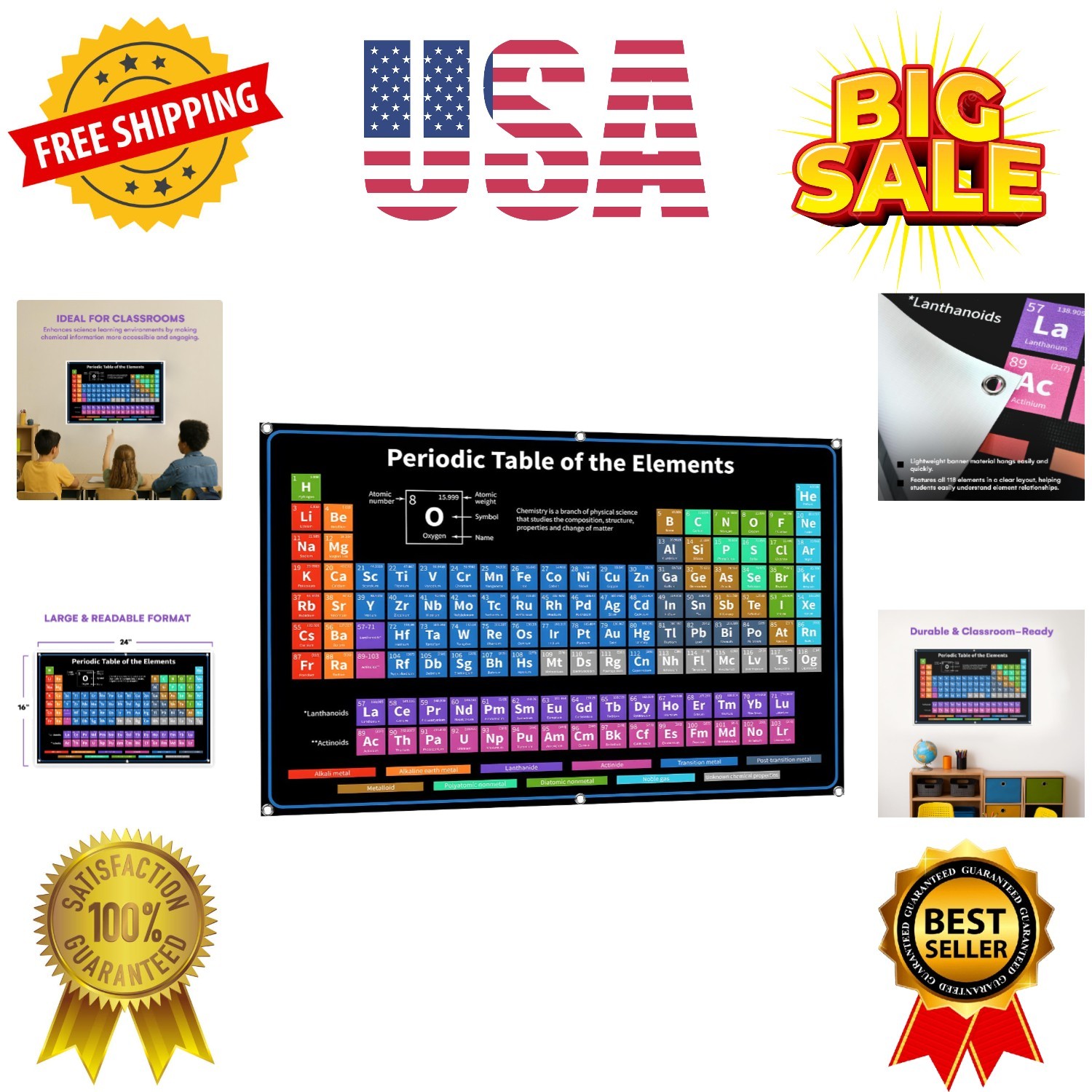Periodic Table with Real Elements Inside – 24×16-Inch Chemistry Periodic Tabl…