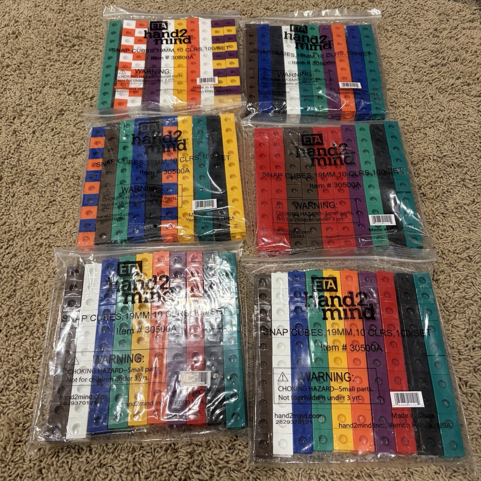 6-New Hand2Mind Set of 100 Linking Snap Cubes 10 Colors Manipulative Math Cubes