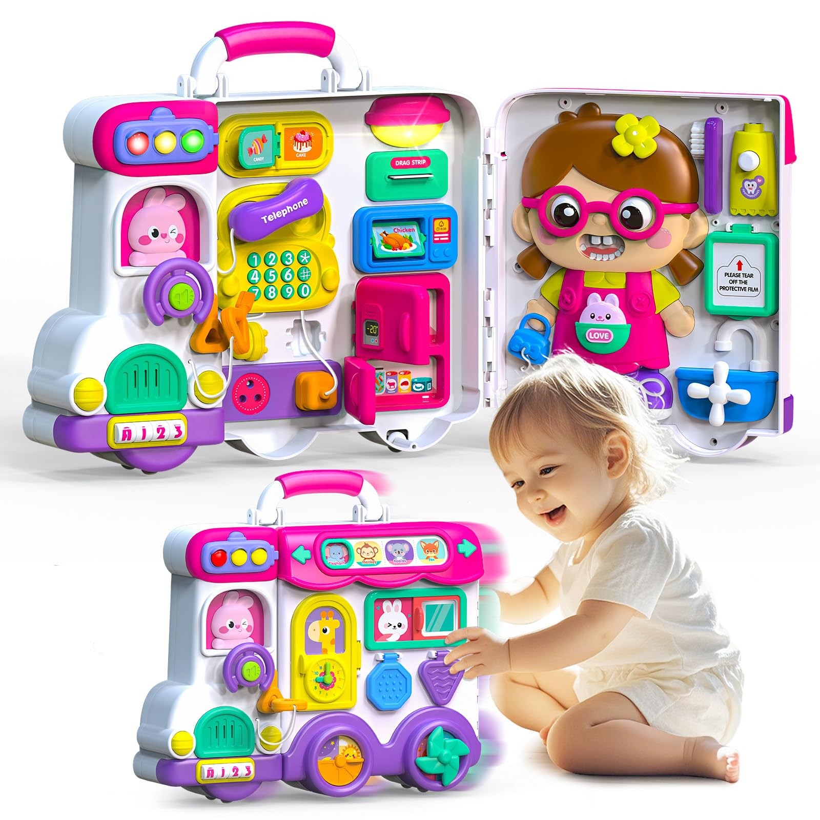 Baby Busy Board for 1-2 Year Old Boy Girl Gift,Musical Toddler Medium, Pink