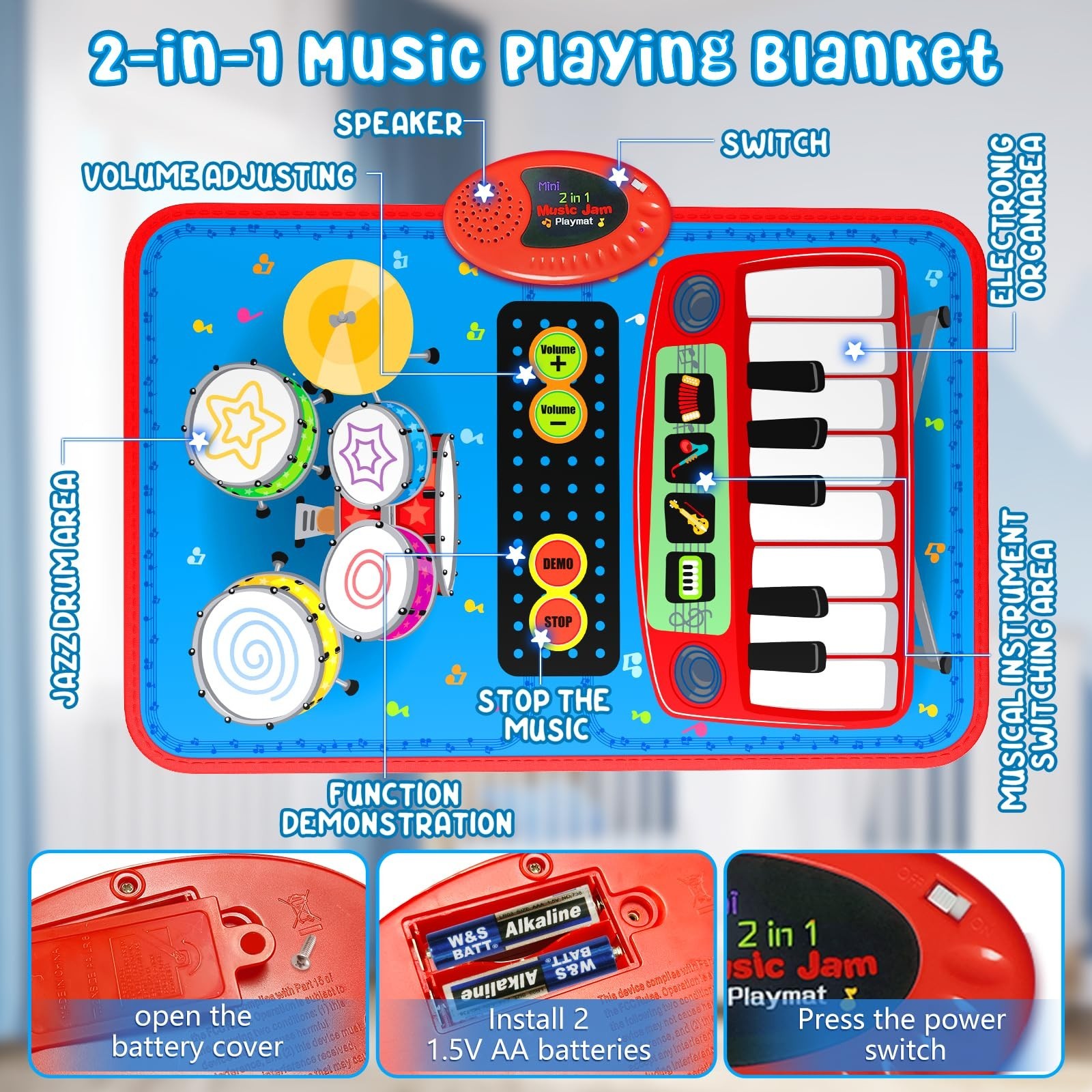 2-in-1 Musical Mat Toys for 1 2 3 4 5 Year Old, Piano Keyboard & Drum Set with 2
