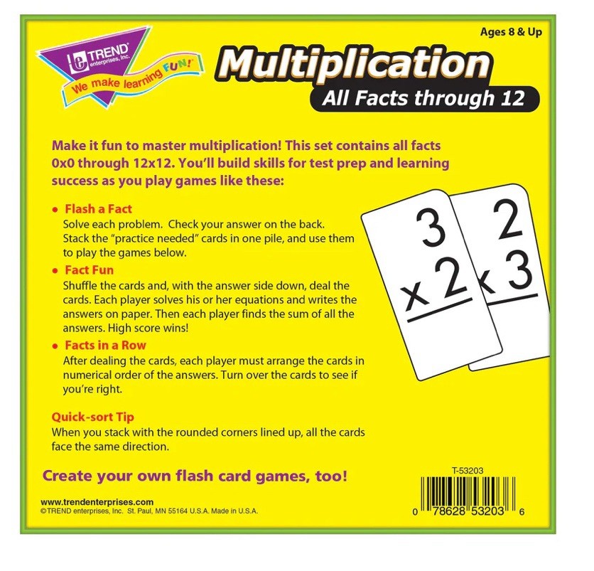 Trend Enterprises: Multiplication All Facts Through 12 Flash Cards, NEW
