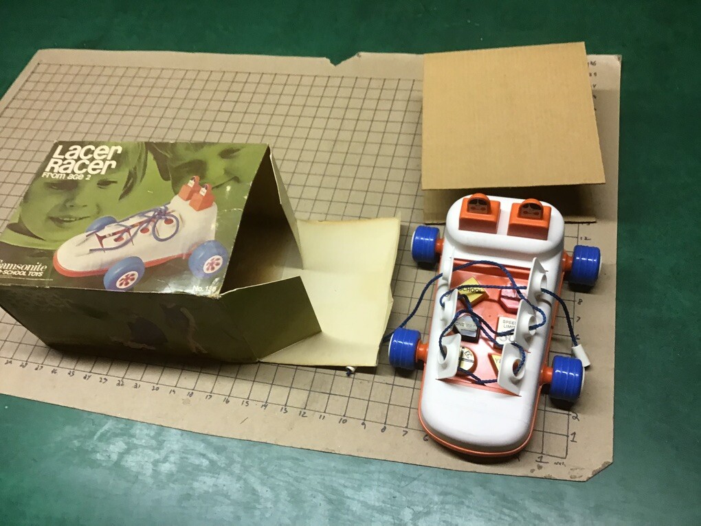 MINT UNUSED in box – scarce LACER RACER a shoe car w signs to learn shoe tying