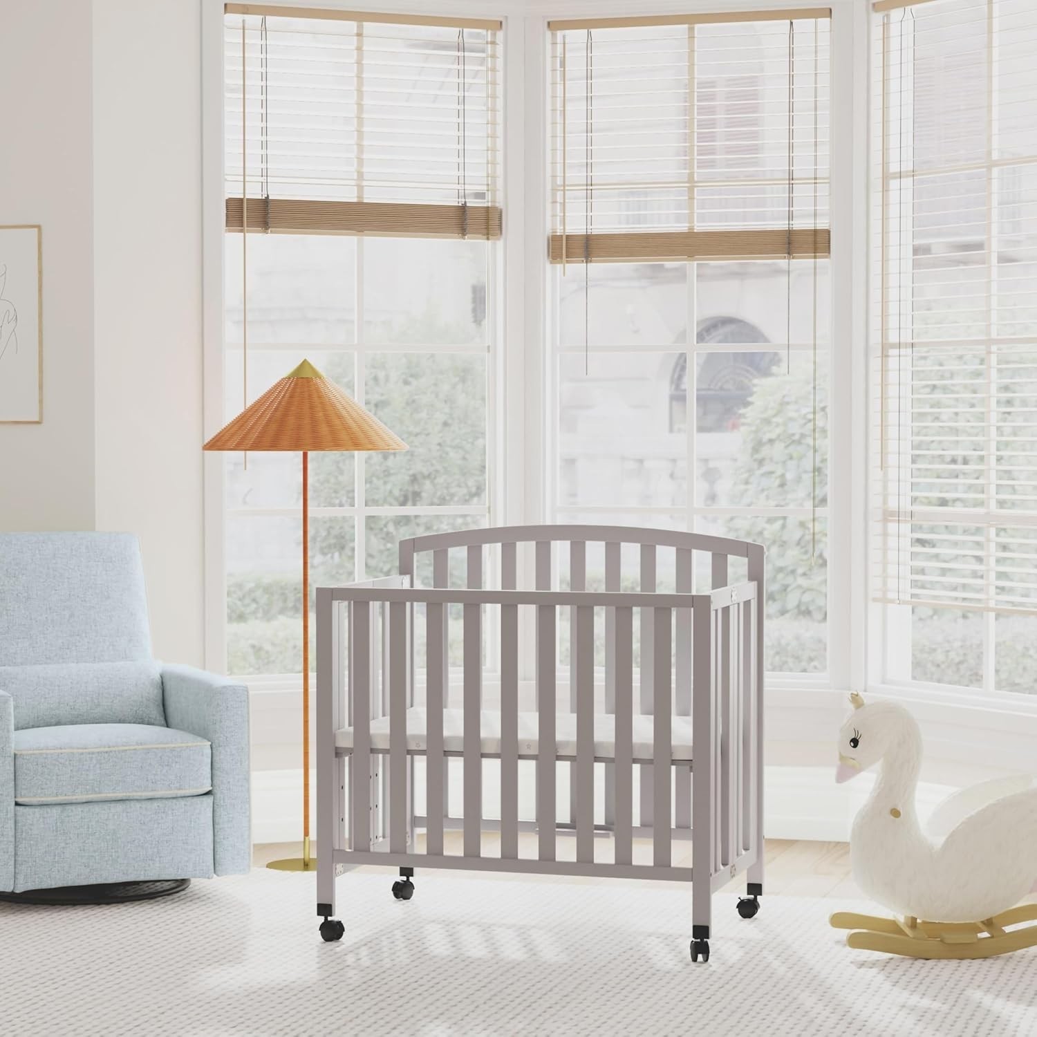 Dylan Folding Portable 3-in-1 Convertible Mini Crib and Twin Bed in Grey, Gre…