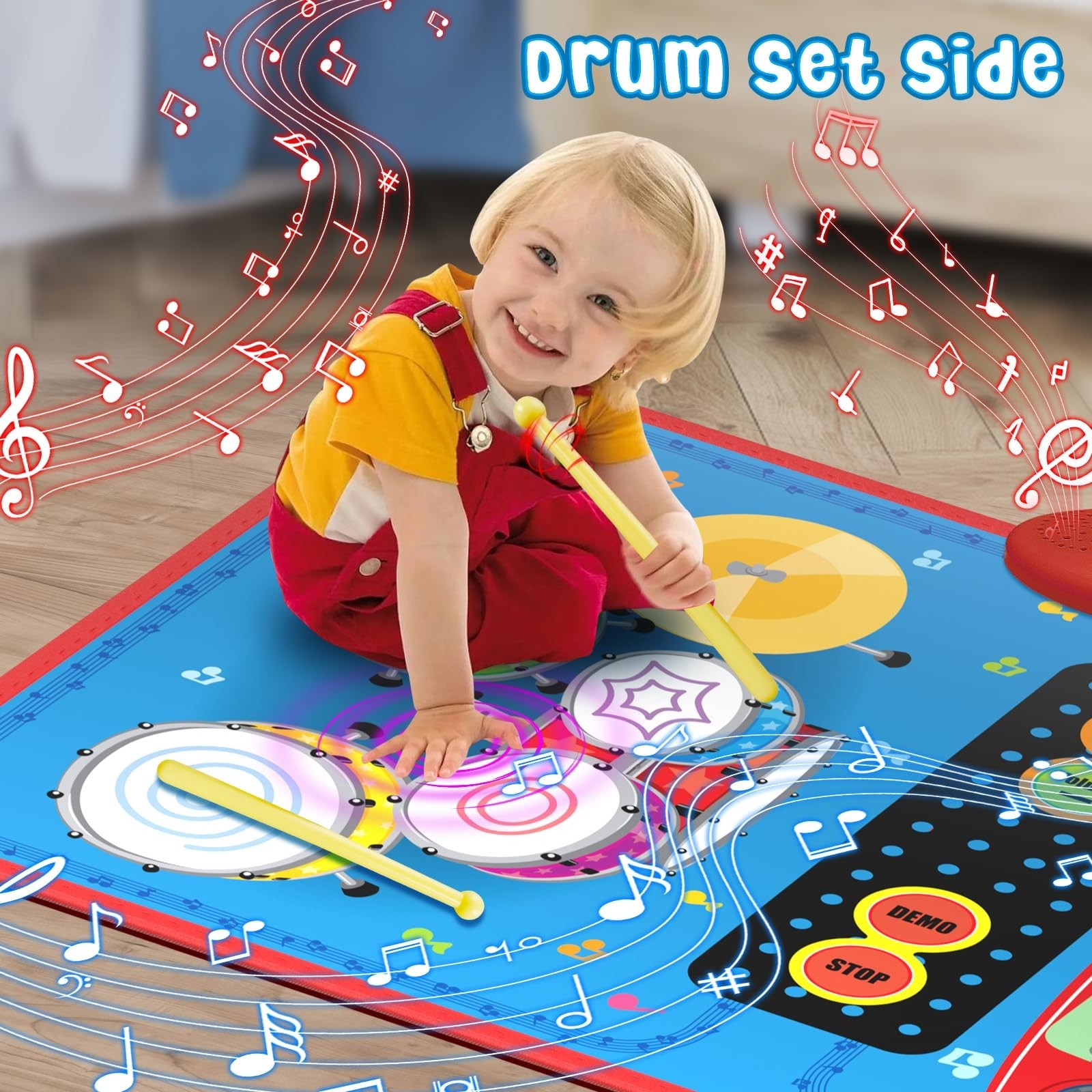 2-in-1 Musical Mat Toys for 1 2 3 4 5 Year Old, Piano Keyboard & Drum Set with 2