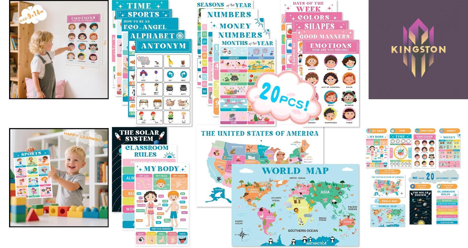 20 Vibrant Laminated Educational Posters for Toddlers 1-3 – Interactive Learning