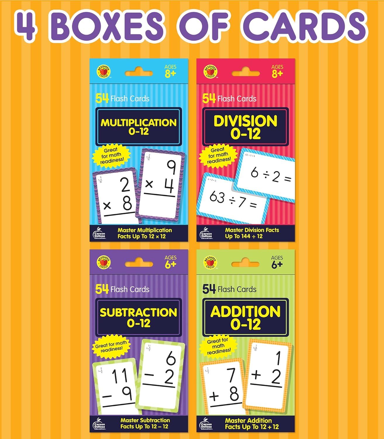 Carson Dellosa 4-Pack Math Flash Cards for Kids Ages 4-8, 211 Addition and Subtr