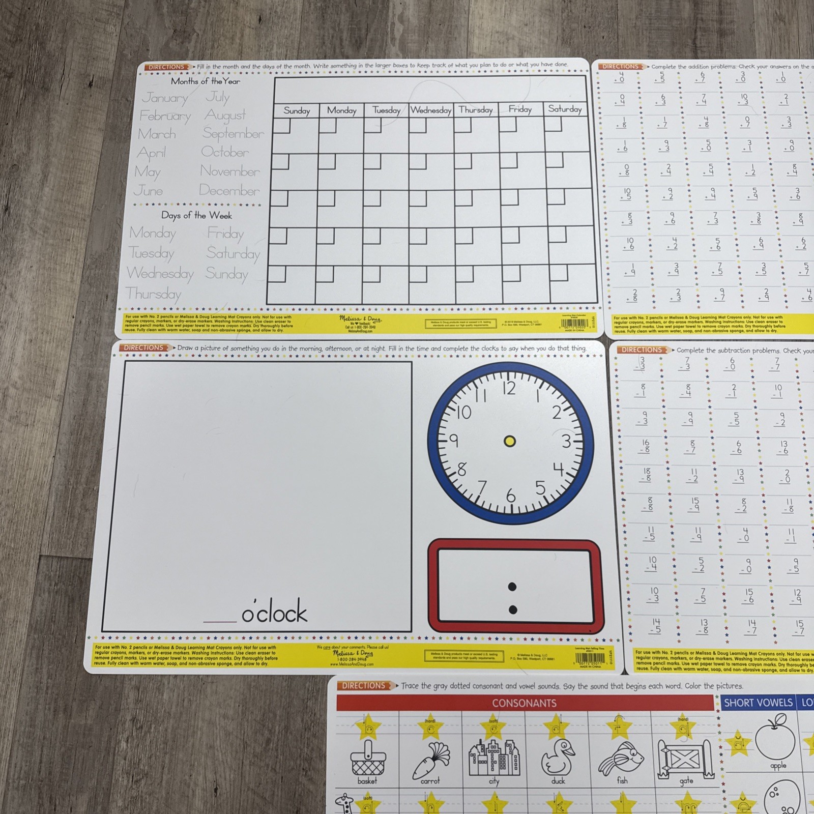 Melissa & Doug Double Sided Learning Mats Lot x5 Time, Phonics, Calendar, + & –