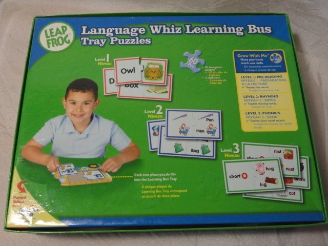 LEAP FROG LANGUAGE WHIZ LEARNING BUS TRAY PUZZLES 60 PCS AGES 2-6 COMPLETE VGUC