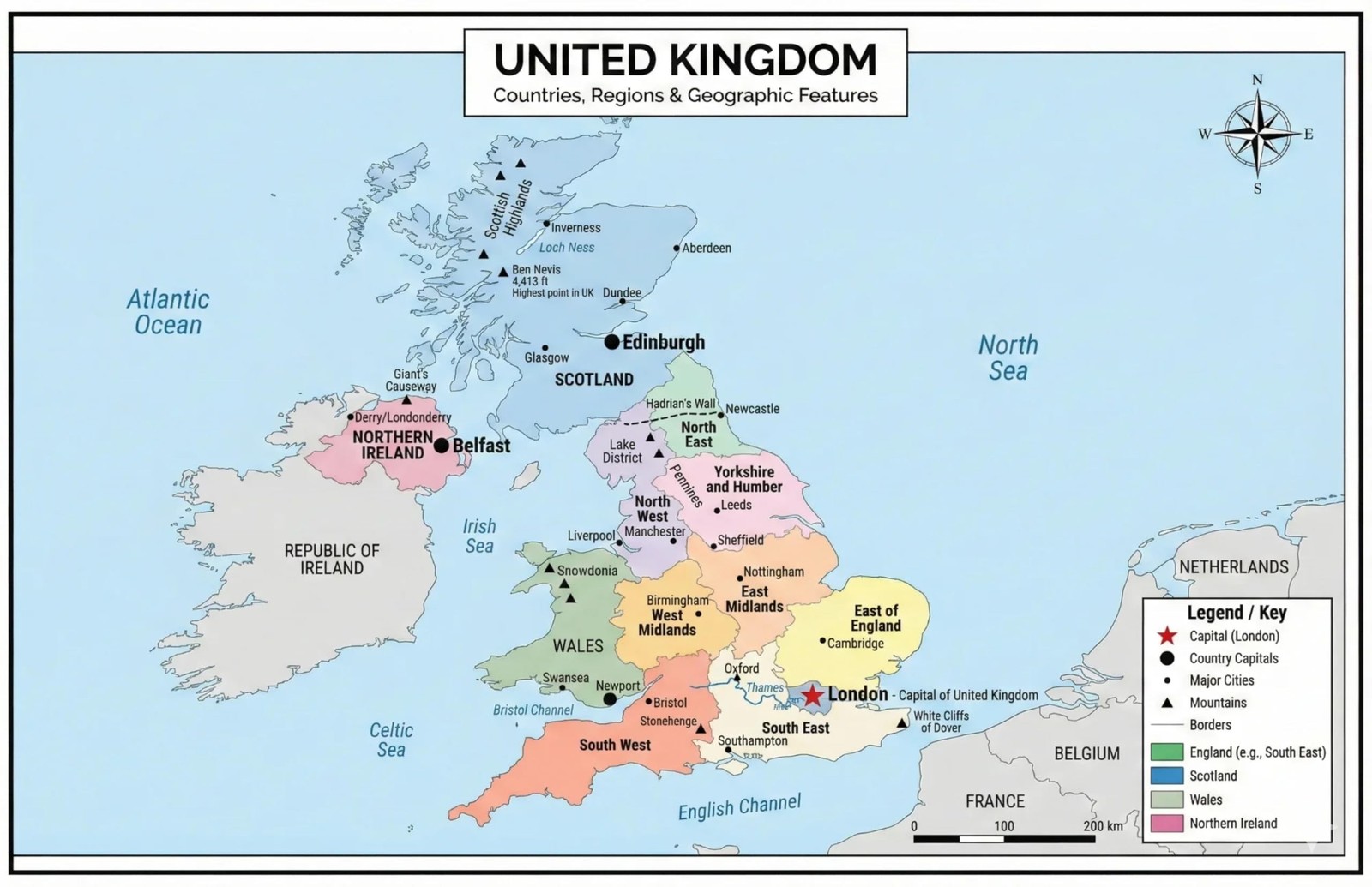 United Kingdom Poster 11×17 | Laminated Double-Sided Geography Chart with Col…