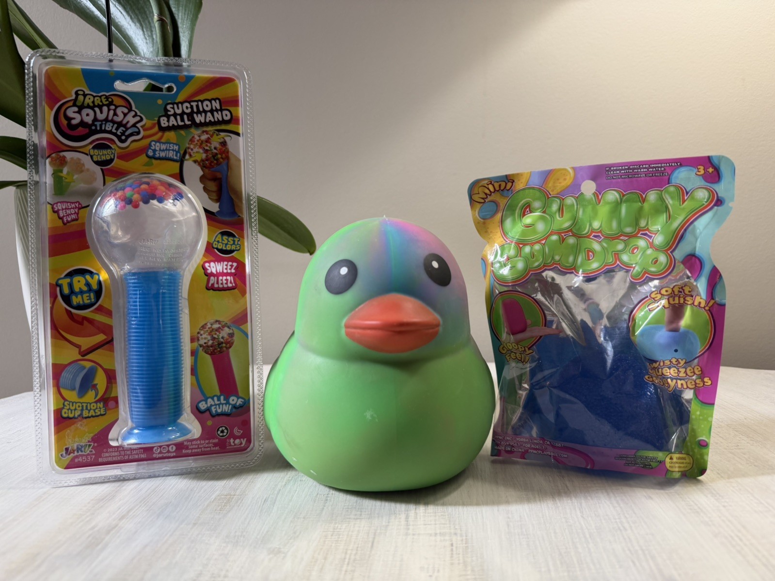 Lot of 3 Squishy items! Tie Dye Duck, Gummy Gum Drop & Squishy Ball Wand🔥