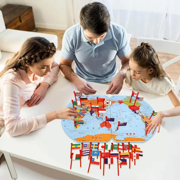 Wooden World Map With Recognition 30 Countries Flags